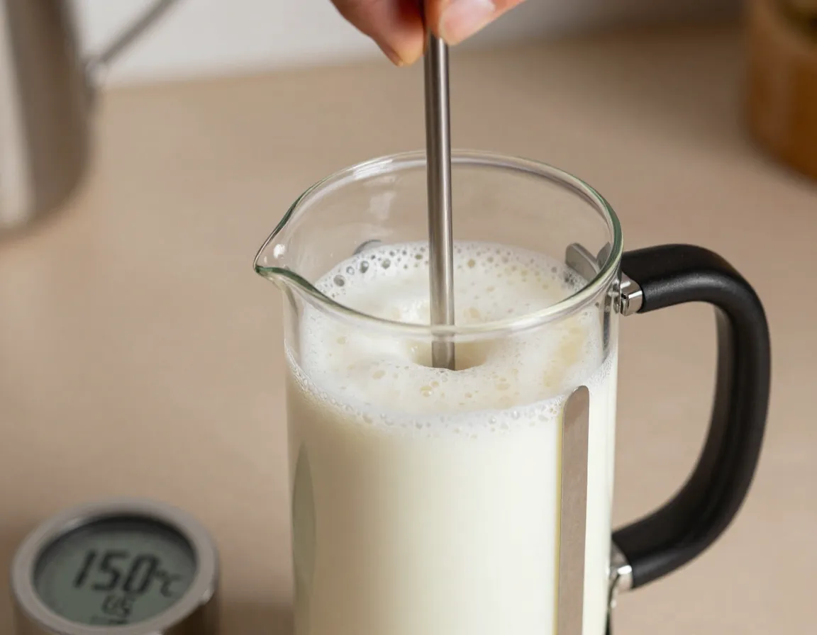 Milk frothing in a french press at one fifty degrees