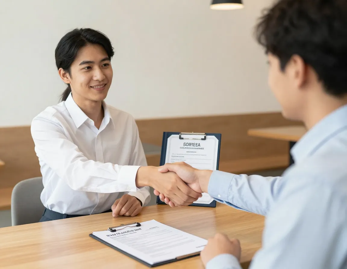 Barista graduate shaking hands with cafe manager job interview placement success