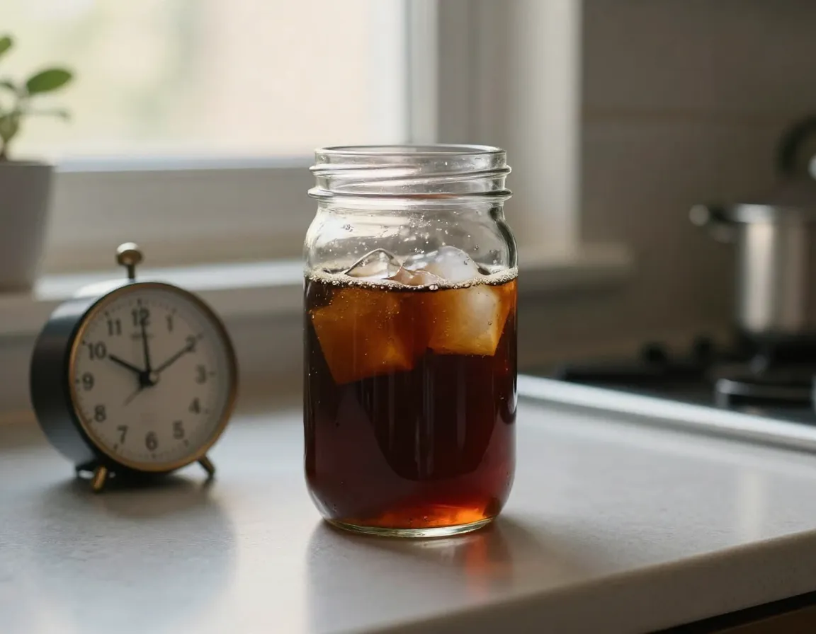 Glass jar of steeping cold brew coffee on a kitchen counter for 18 hours