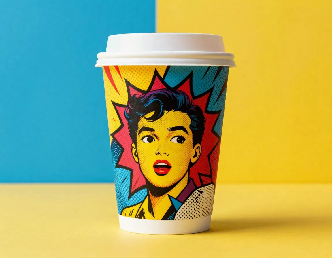 Pop art retro graphic coffee cup on colorful background
