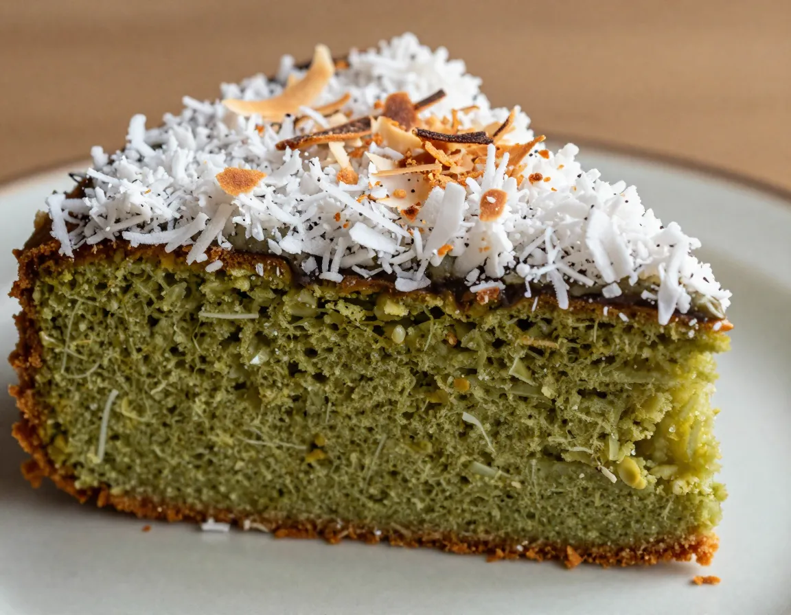 Green tea coconut cake slice with shredded coconut topping