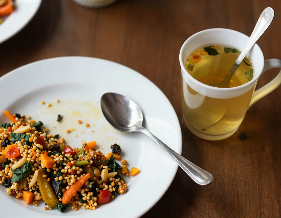 Tulsi tea being enjoyed after a healthy and colorful meal