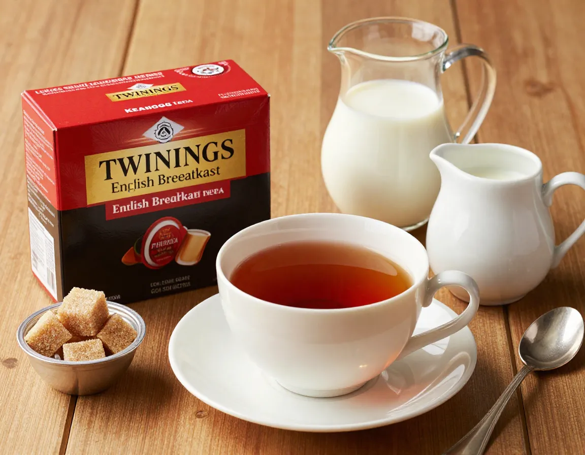 Classic english breakfast tea with milk and sugar accompaniments