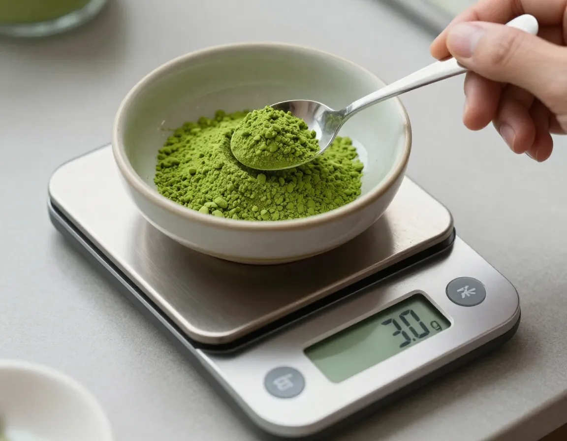Digital kitchen scale measuring matcha powder precisely