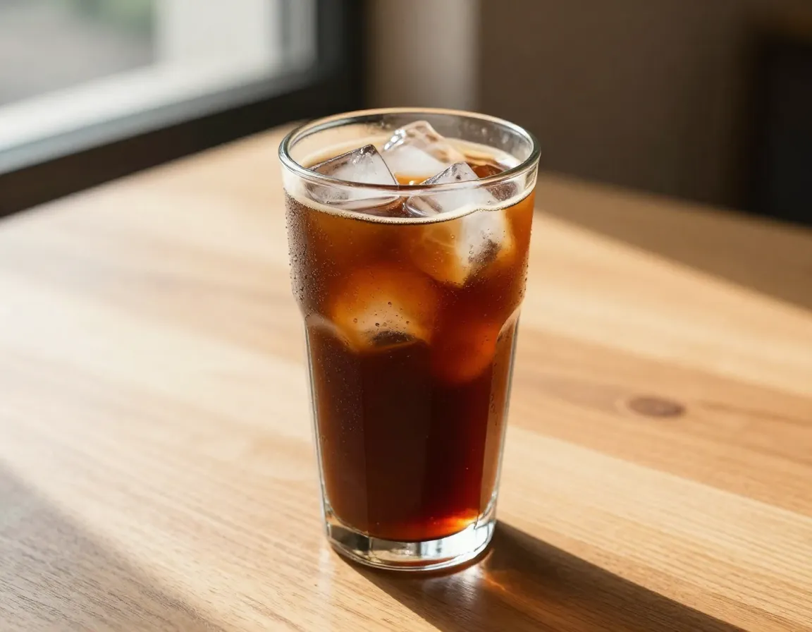 Glass of finished cold brew coffee with ice served on a sunny morning