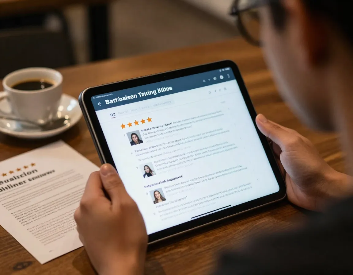 Prospective student reading positive online reviews for barista training program