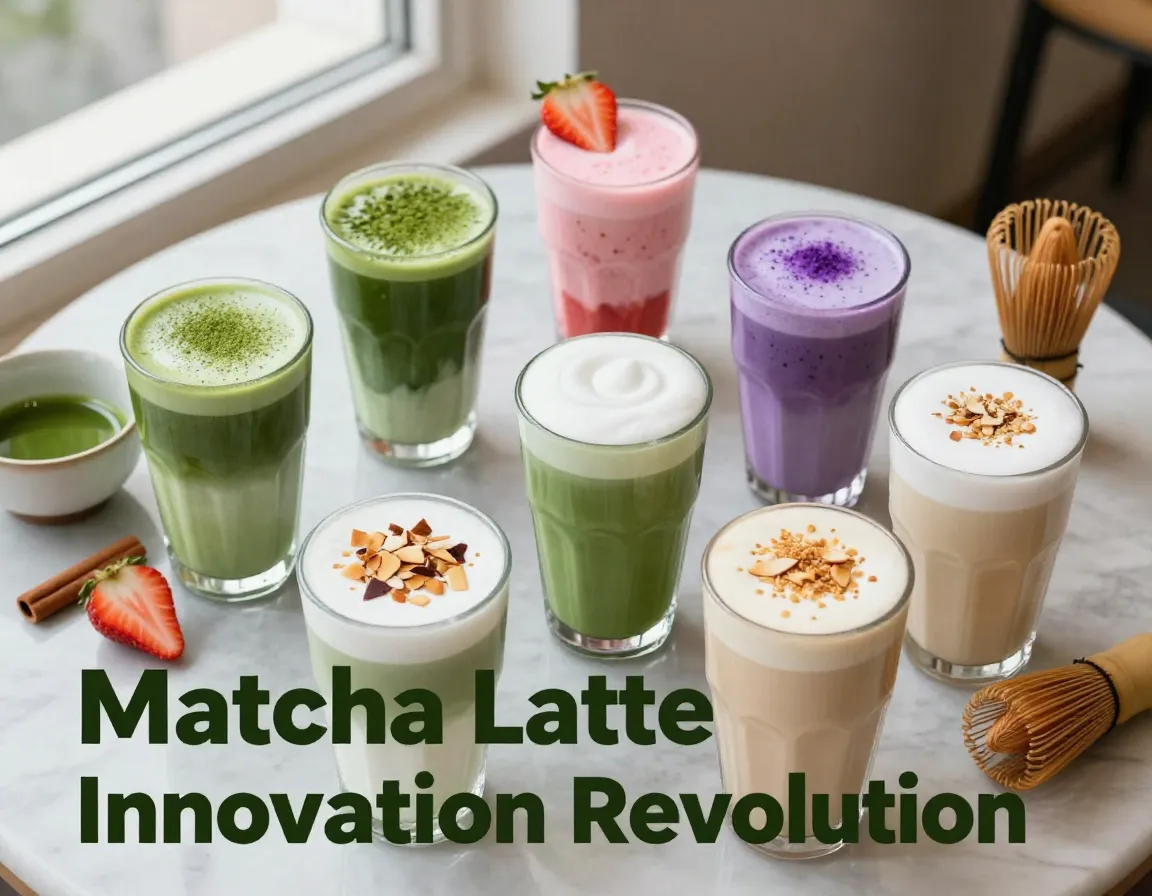 Eight vibrant matcha latte variations glasses garnishes flat lay