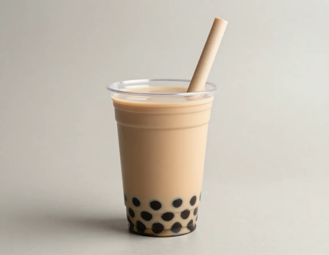 Classic minimalist milk tea with black pearls in neutral natural light