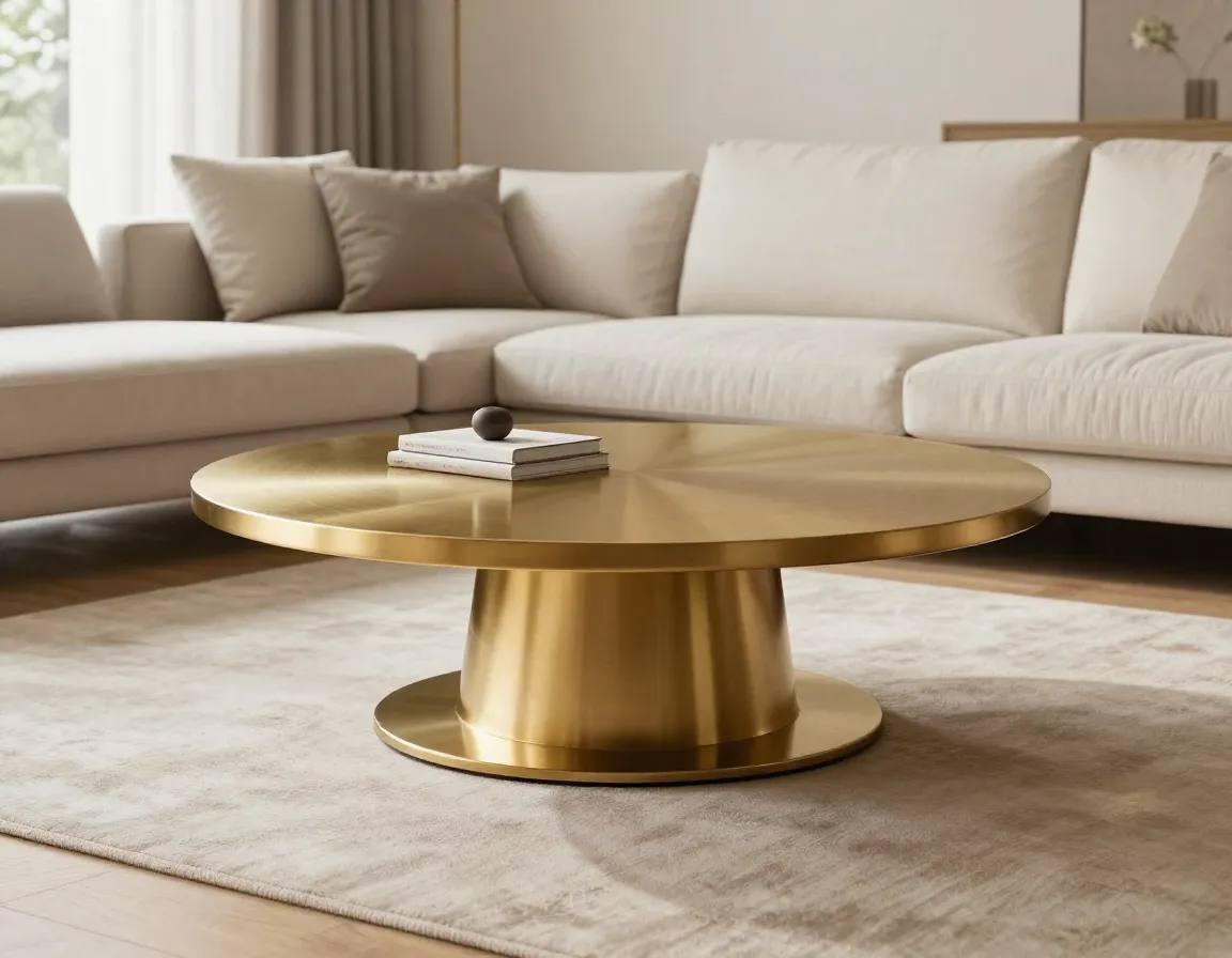 Modern minimalist pedestal gold coffee table in luxurious living room setting