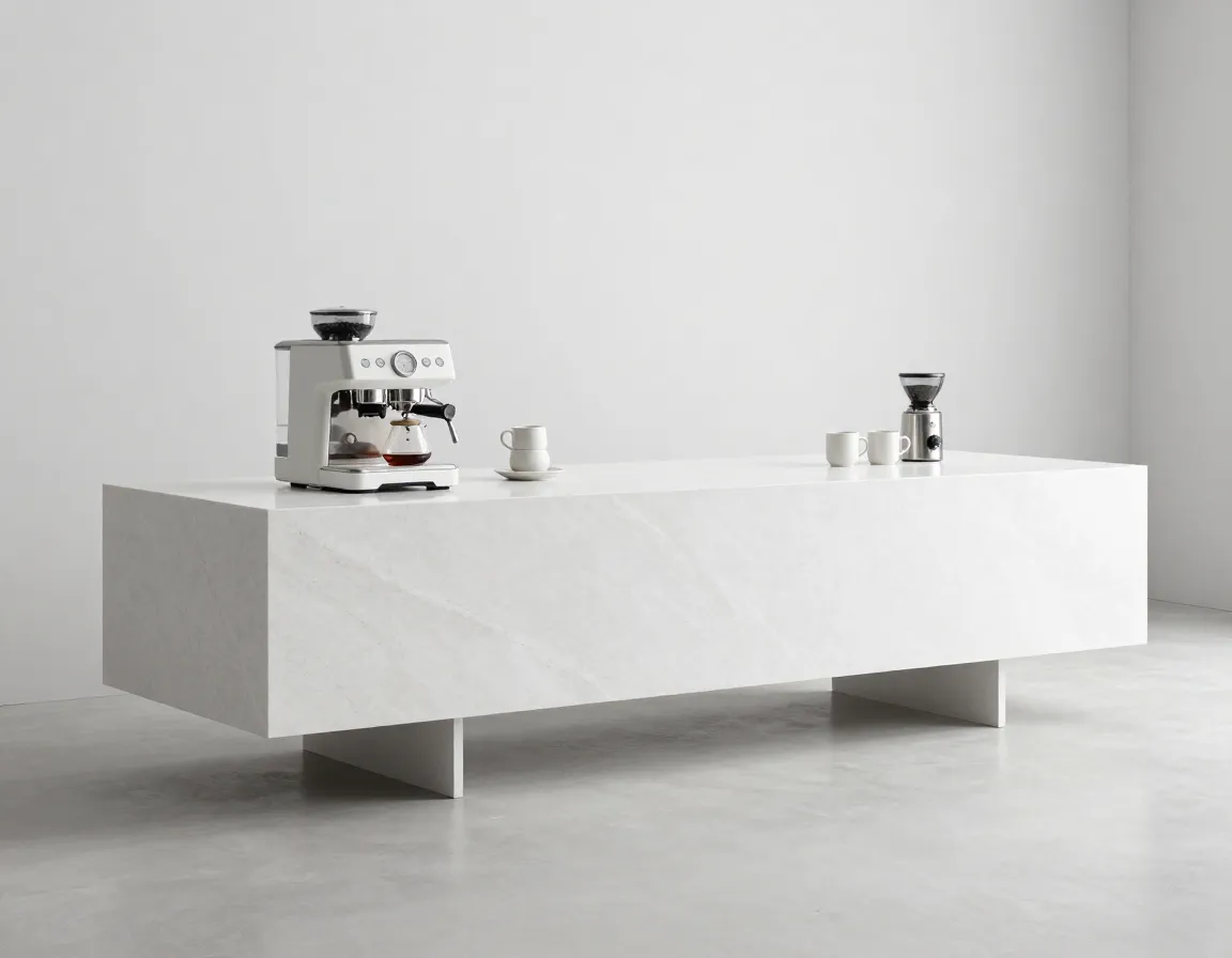 Floating quartz coffee bar with a sleek minimalist aesthetic