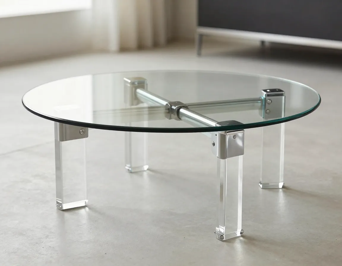 Mixed material coffee table with chrome acrylic legs and beveled glass