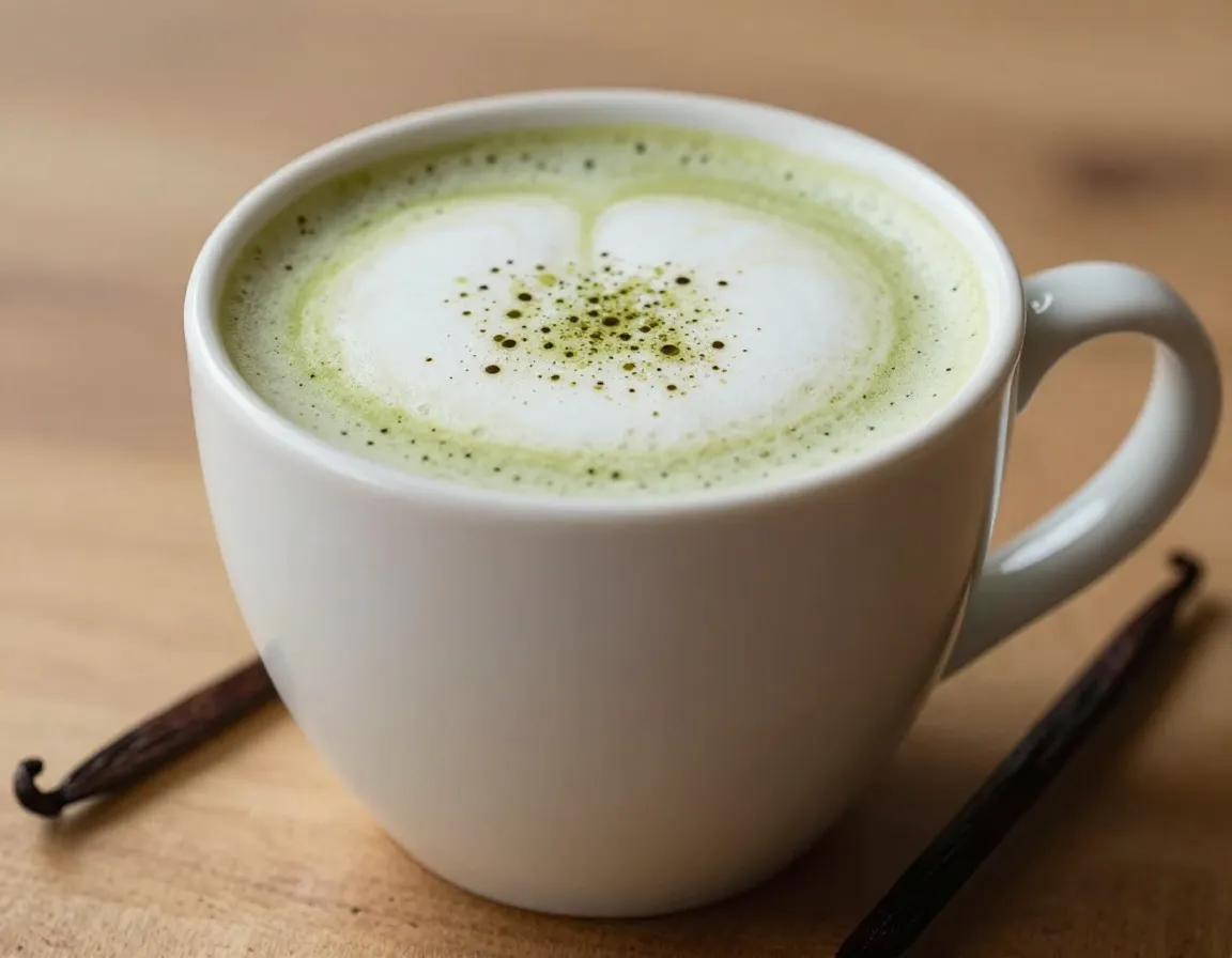 Creamy vanilla bean matcha latte with speckled vanilla paste