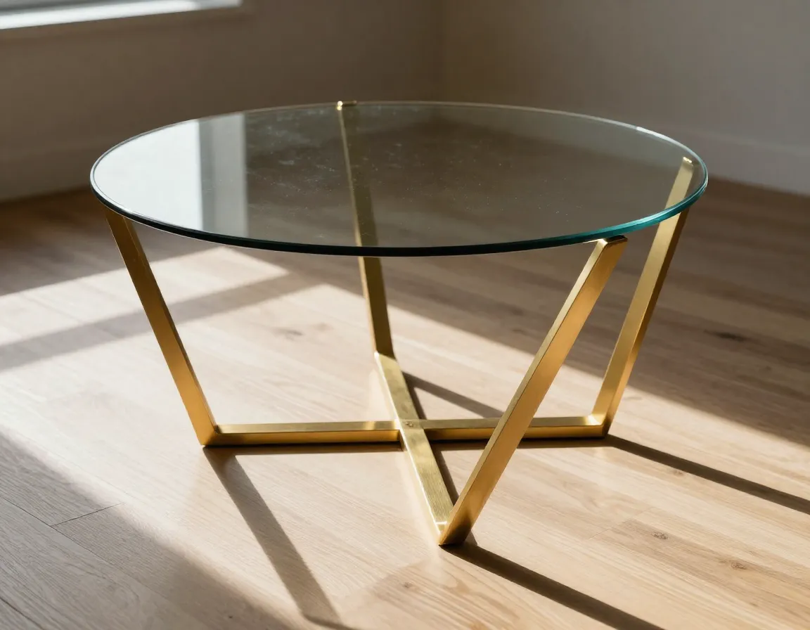 Geometric angular gold metal frame supporting a circular glass top