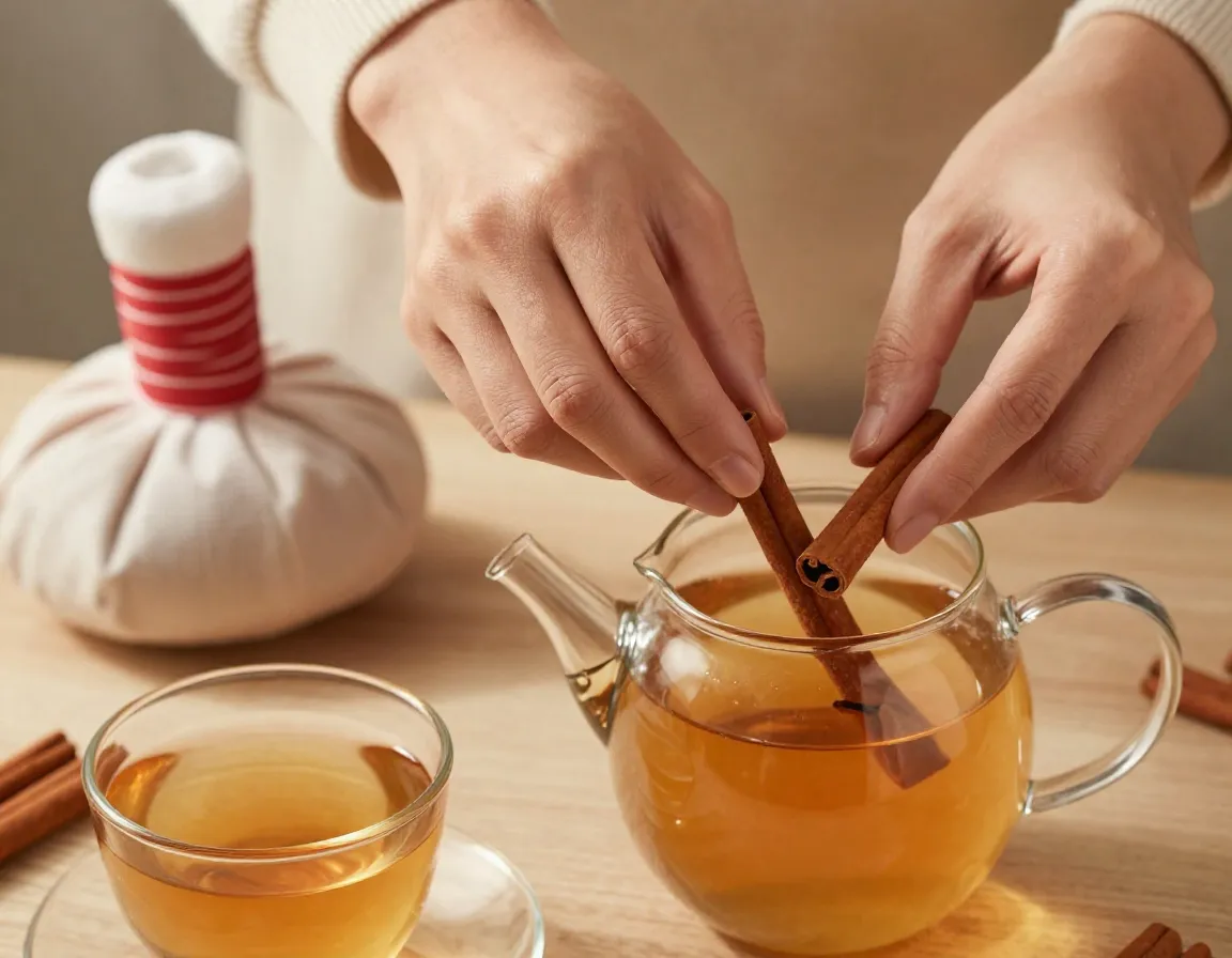 Hands preparing cinnamon stick tea for aching joints