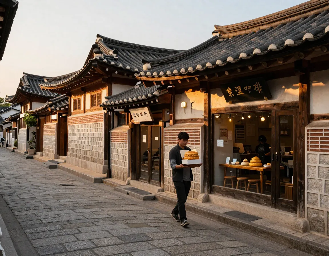 Historic hanok cafe district with traditional korean souffle castella