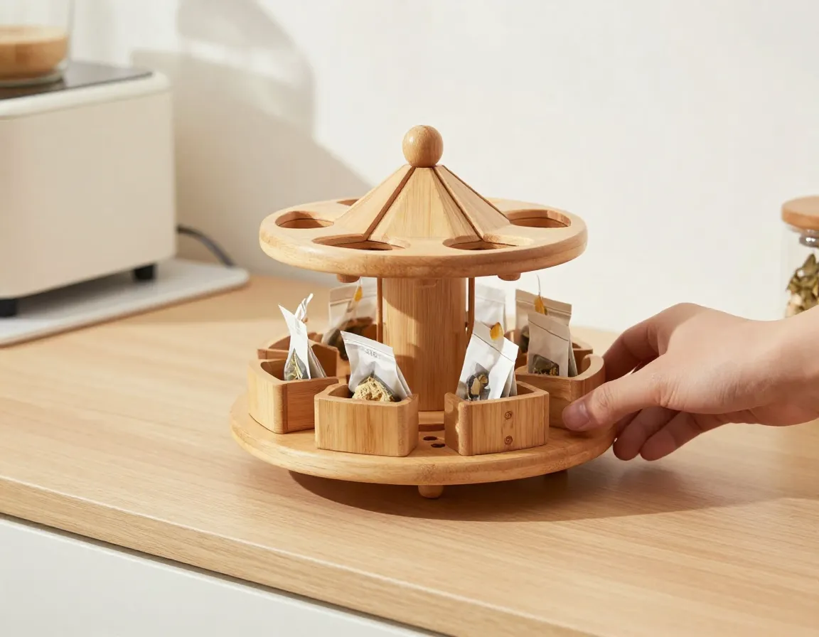 Rotating wooden tea carousel on a small kitchen counter