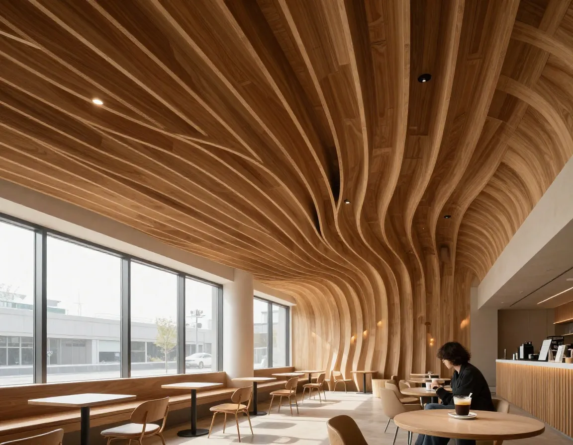 Award winning cafe interior with hypnotic wooden wave ceiling design