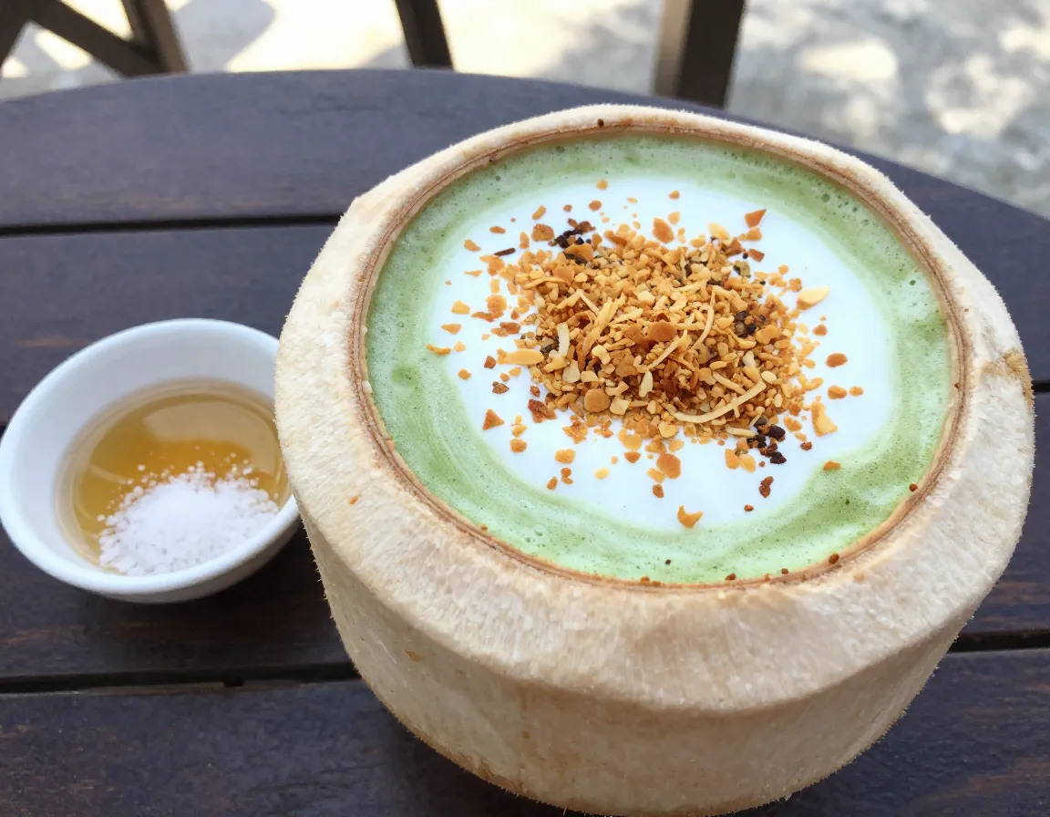 Tropical coconut matcha latte with toasted coconut flakes garnish