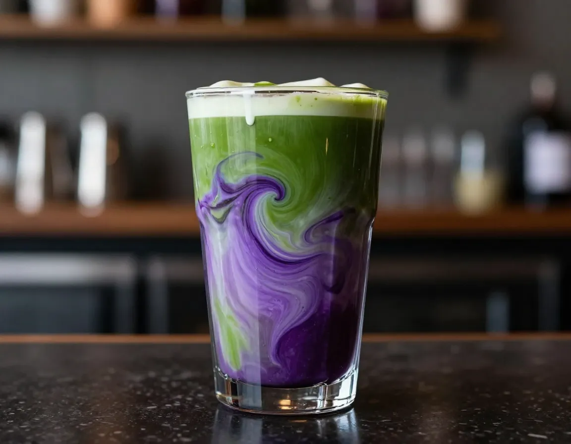 Swirling purple ube and green matcha latte creating an ombre effect