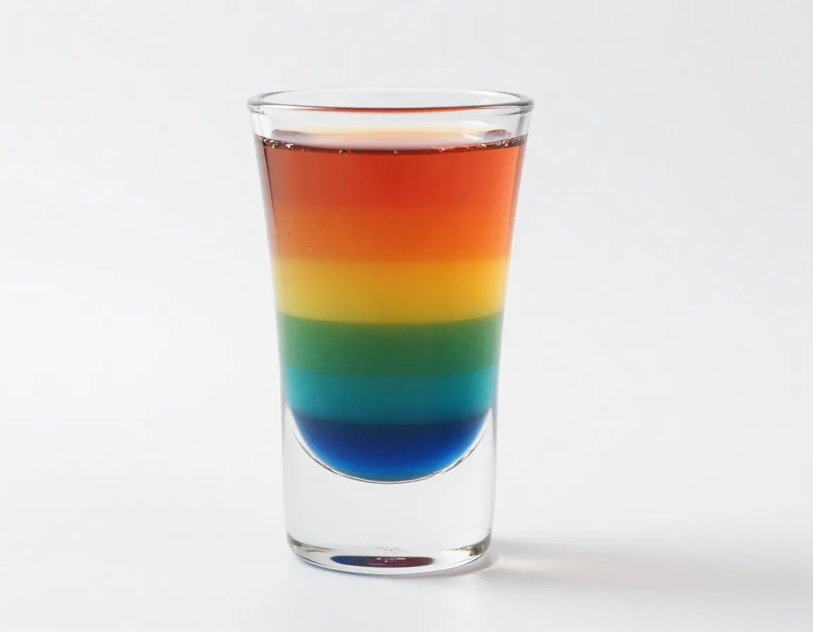 Technically precise rainbow layered drink with clean color separation