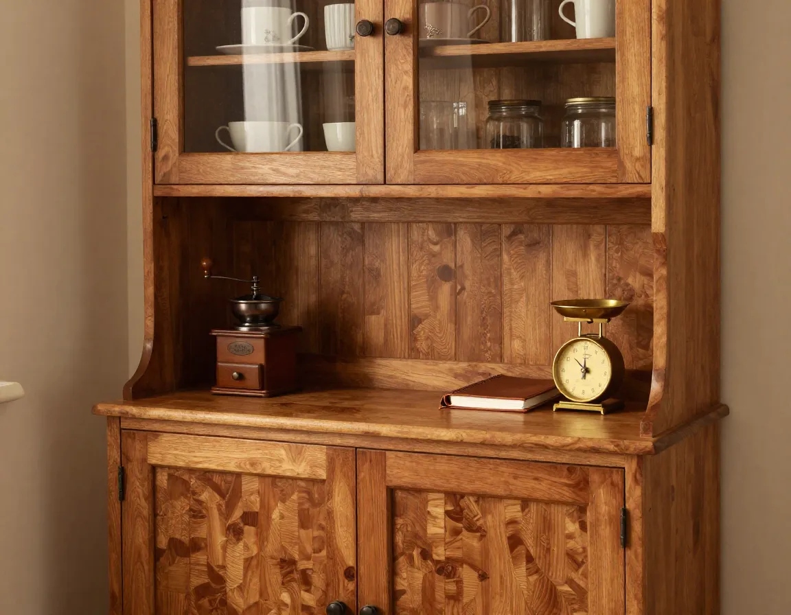 Traditional wood coffee hutch with rich burl wood tones