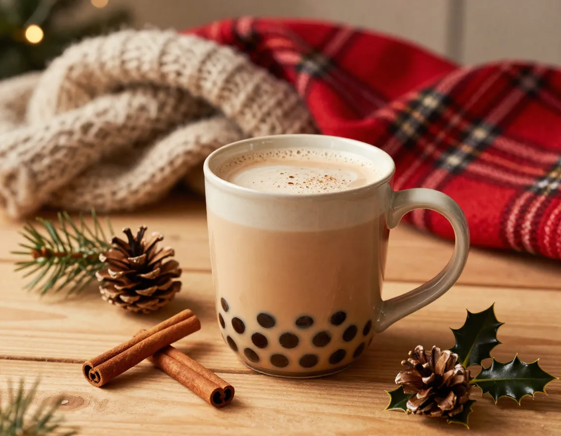 Cozy winter themed bubble tea with festive decorations and warm colors