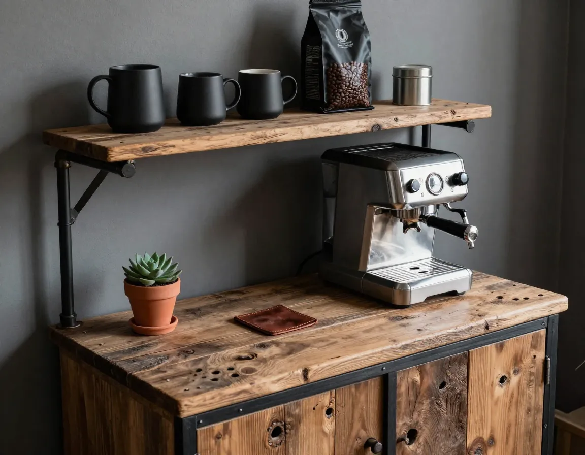 Reclaimed wood and black metal pipe industrial coffee station