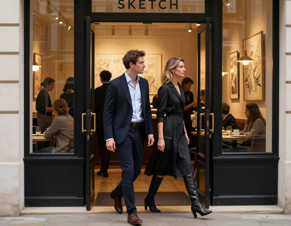 Well dressed couple in art smart attire entering sketchs gallery restaurant