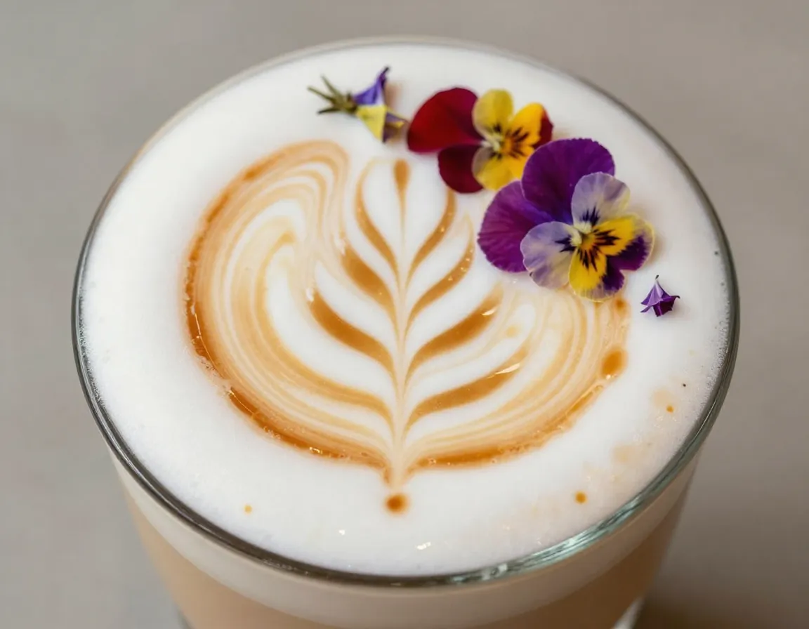Artisanal bubble tea with intricate cheese foam art and edible flowers