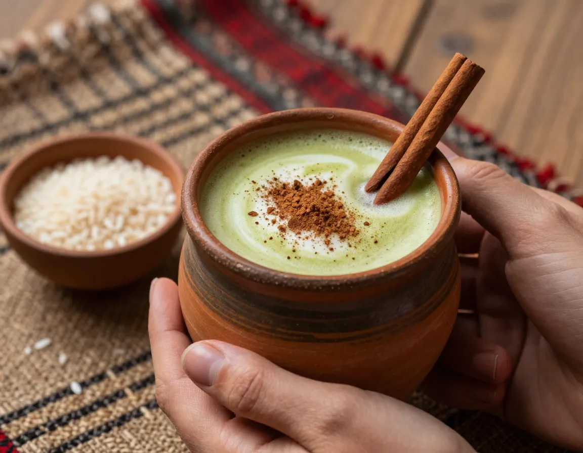 Horchata matcha latte in a clay mug with cinnamon stick