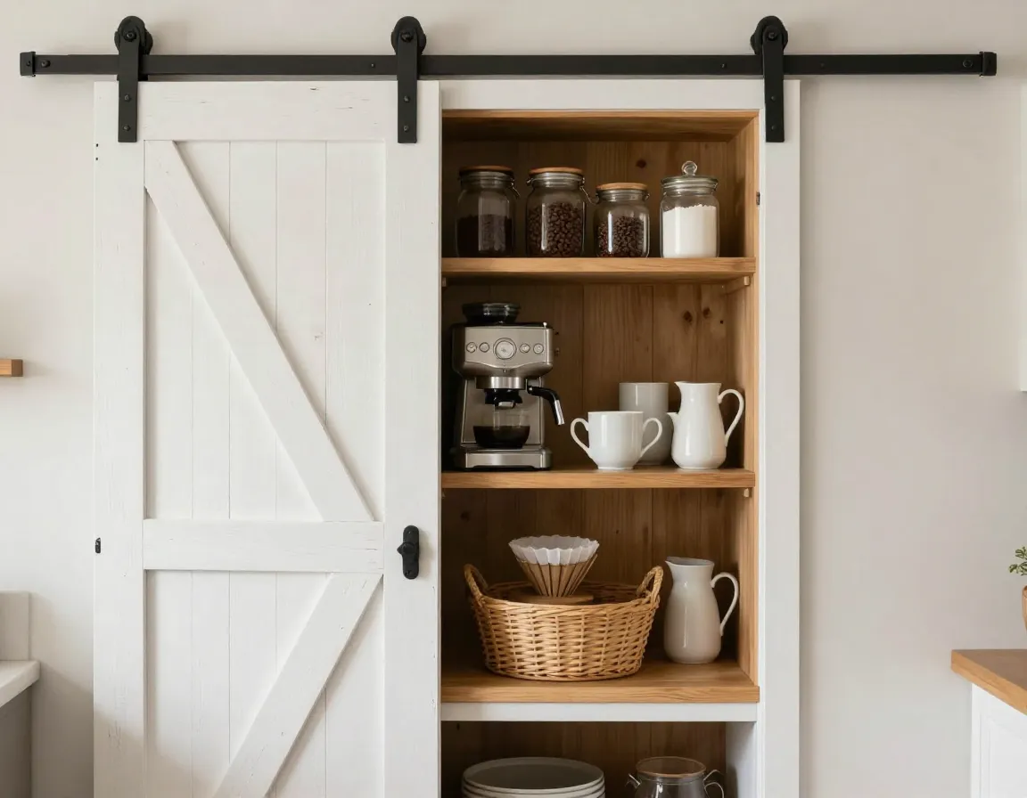 Rustic sliding barn door revealing an organized coffee cabinet