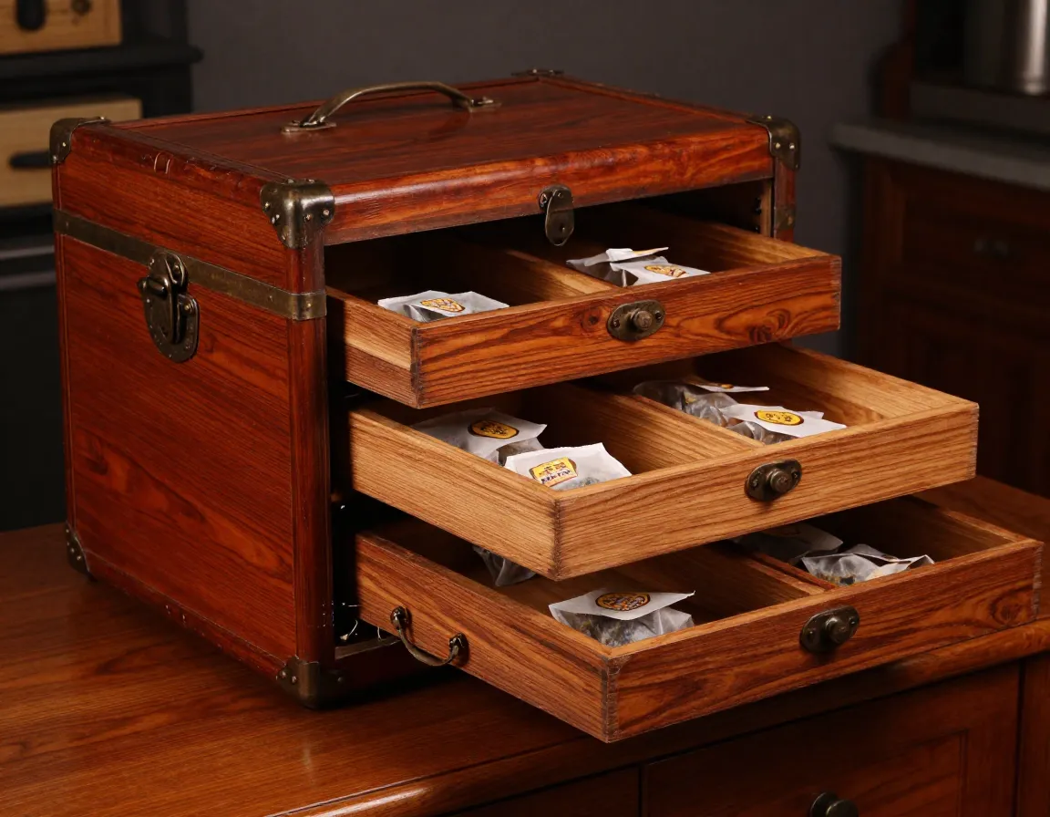Vintage style cedar tea trunk with multiple lift out trays