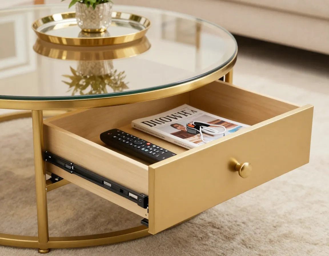 Gold coffee table with hidden storage drawer open revealing interior