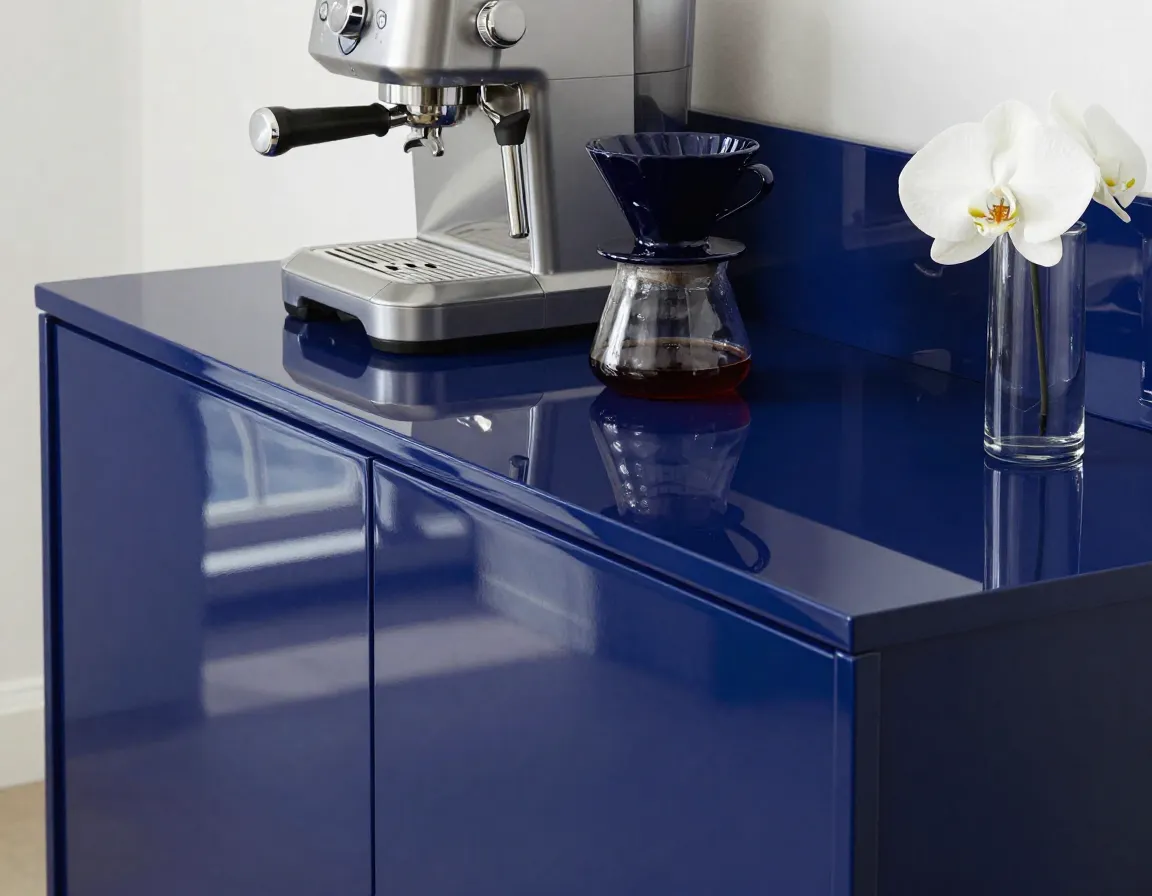 High gloss lacquer finish coffee bar in deep navy blue
