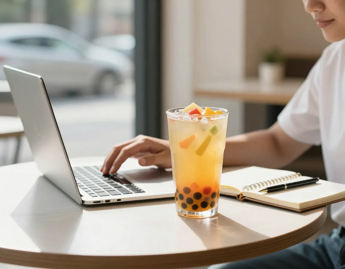 Professional enjoying bubble tea at a sunny cafe workspace