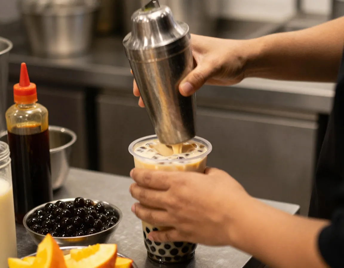 Authentic behind the scenes shot of skilled hands preparing fresh bubble tea