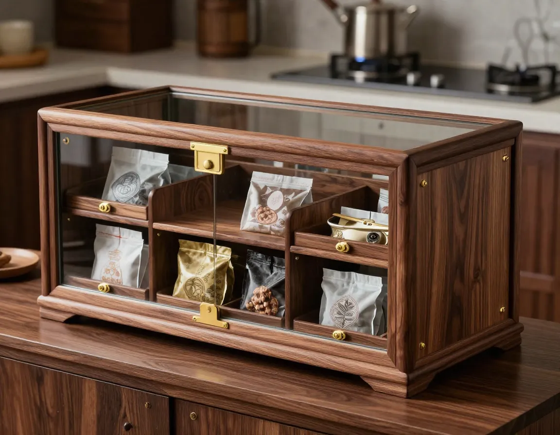 Handcrafted walnut tea gallery with glass front compartments