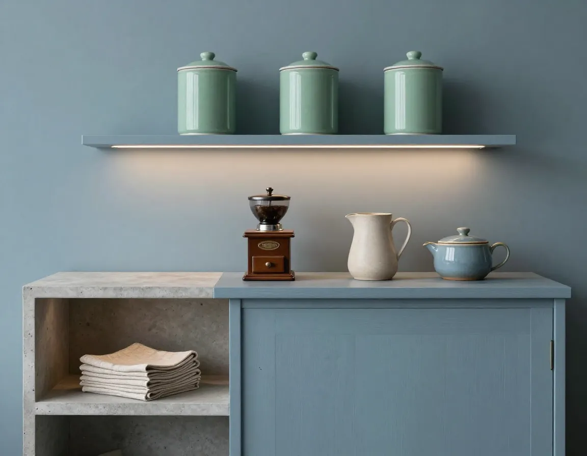 Multi level coffee display station with calm dusty blue palette