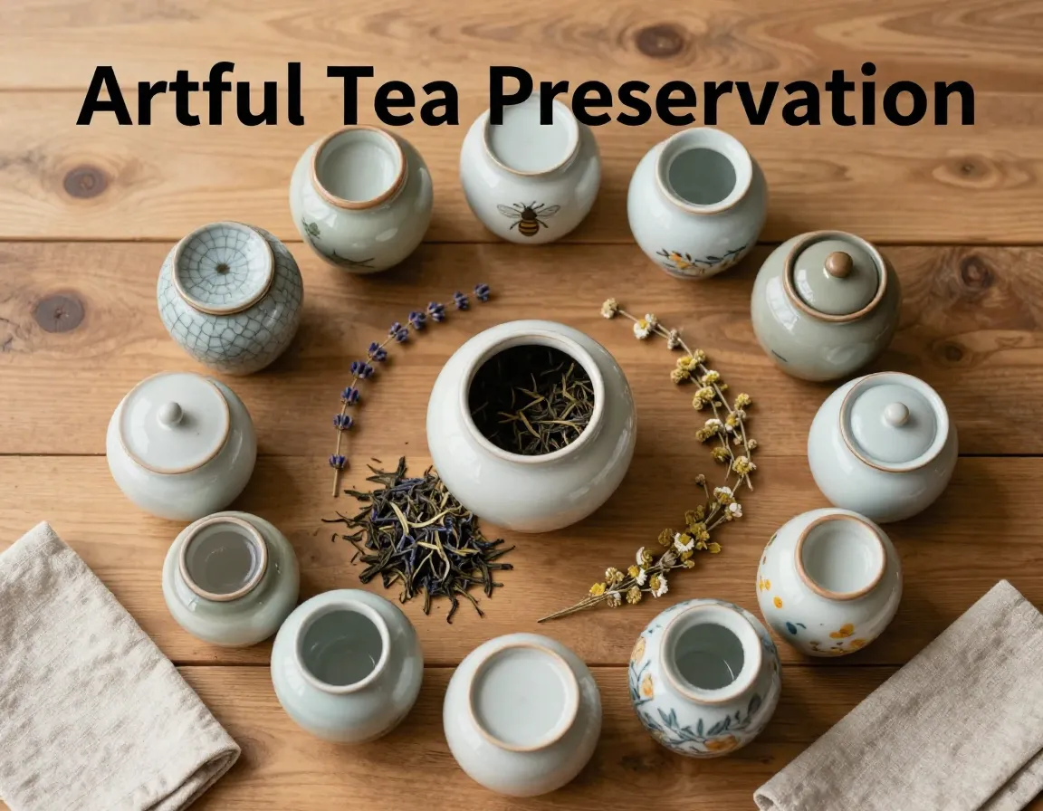 Curated ceramic jars botanicals fresh tea storage flat lay