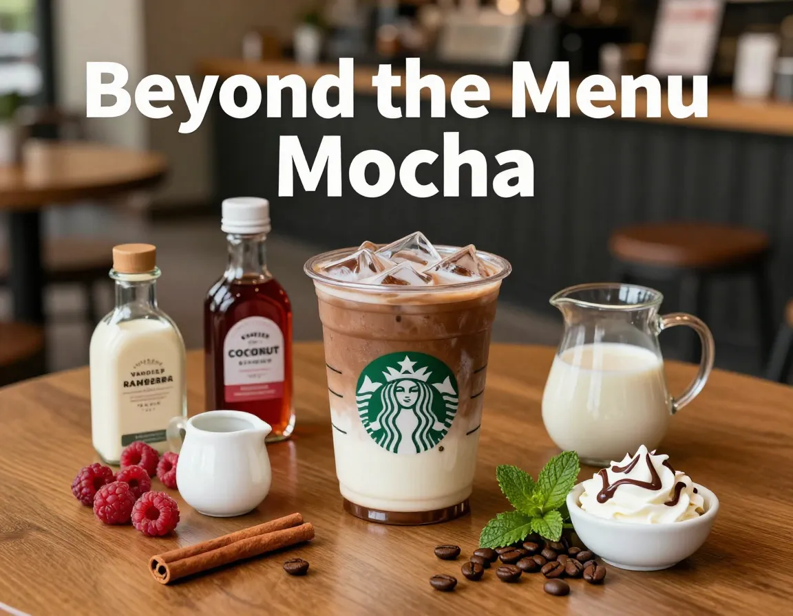 Custom starbucks mocha flatlay syrups milk alternatives coffee beans