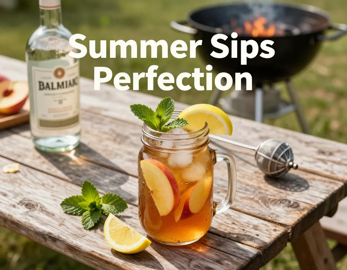 Frosted mason jar iced tea vodka cocktail summer bbq flat lay
