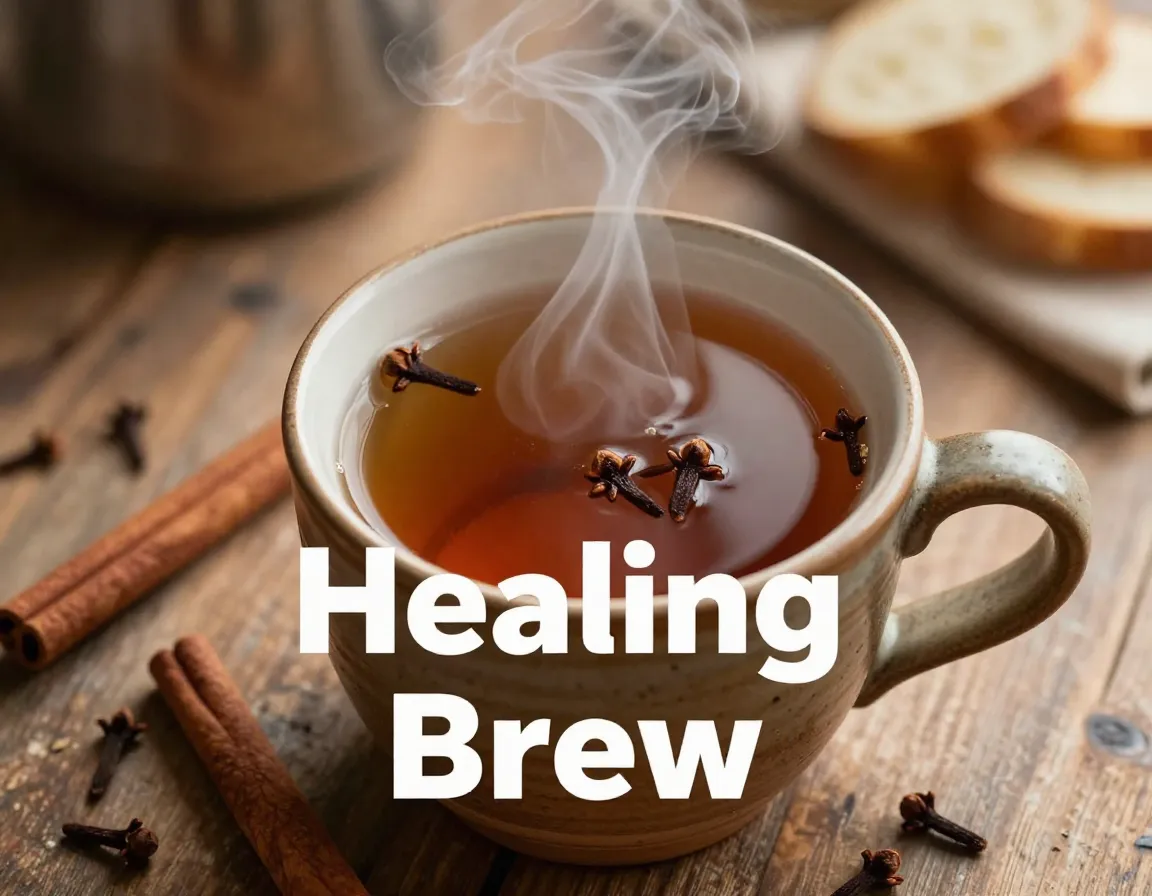 Steaming clove tea mug whole spices wooden table wellness ritual