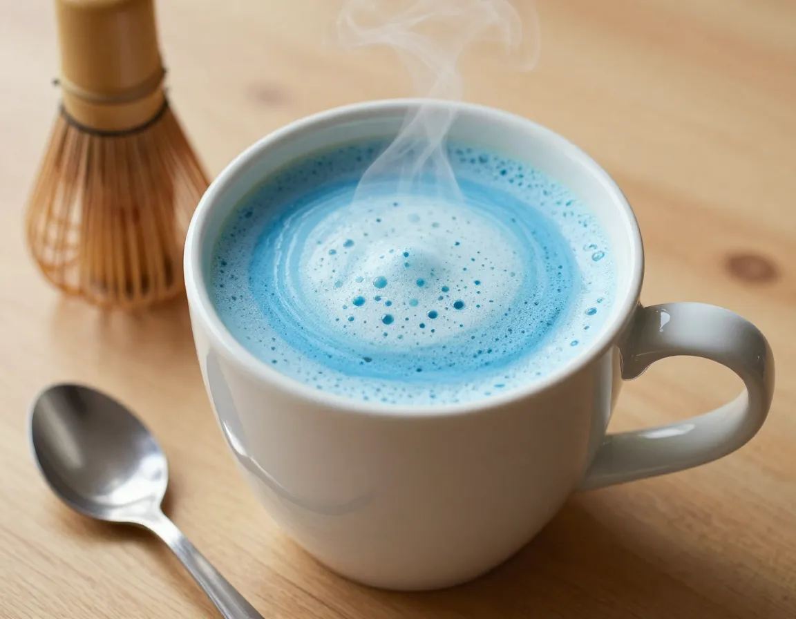 Classic blue matcha latte in a white mug on a wooden table