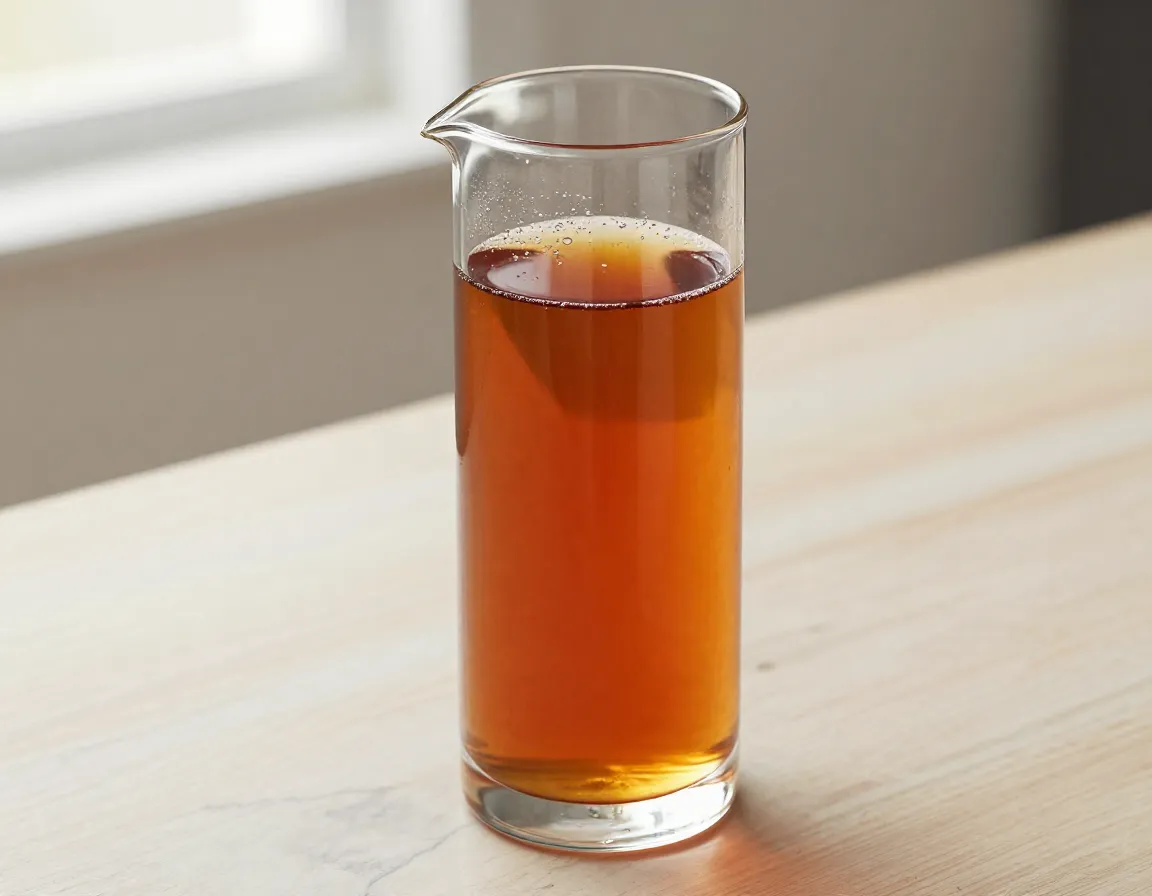 Tall clear glass pitcher with cold brew amber tea minimal sediment