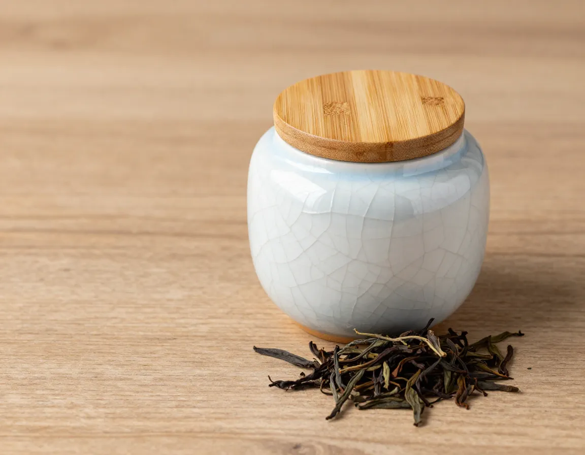 Unique ice cracked glaze ceramic canister with tight fitting bamboo lid