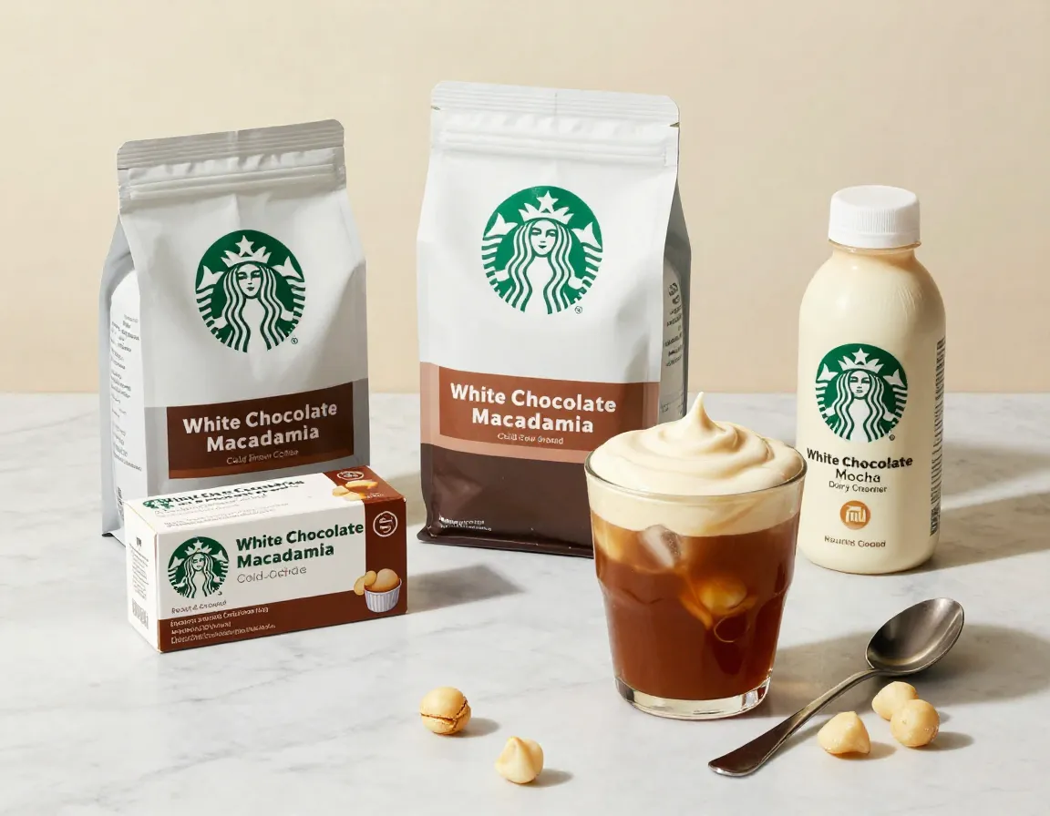 White chocolate macadamia cold brew coffee with creamer on marble counter