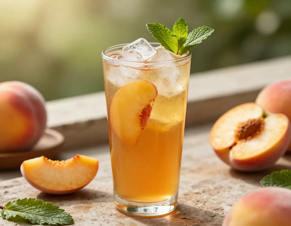 Classic peach iced tea with fresh peach slices and mint garnish