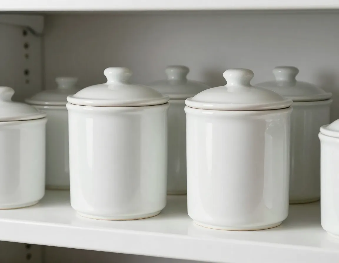 Professional glazed tea storage canister on a commercial kitchen shelf