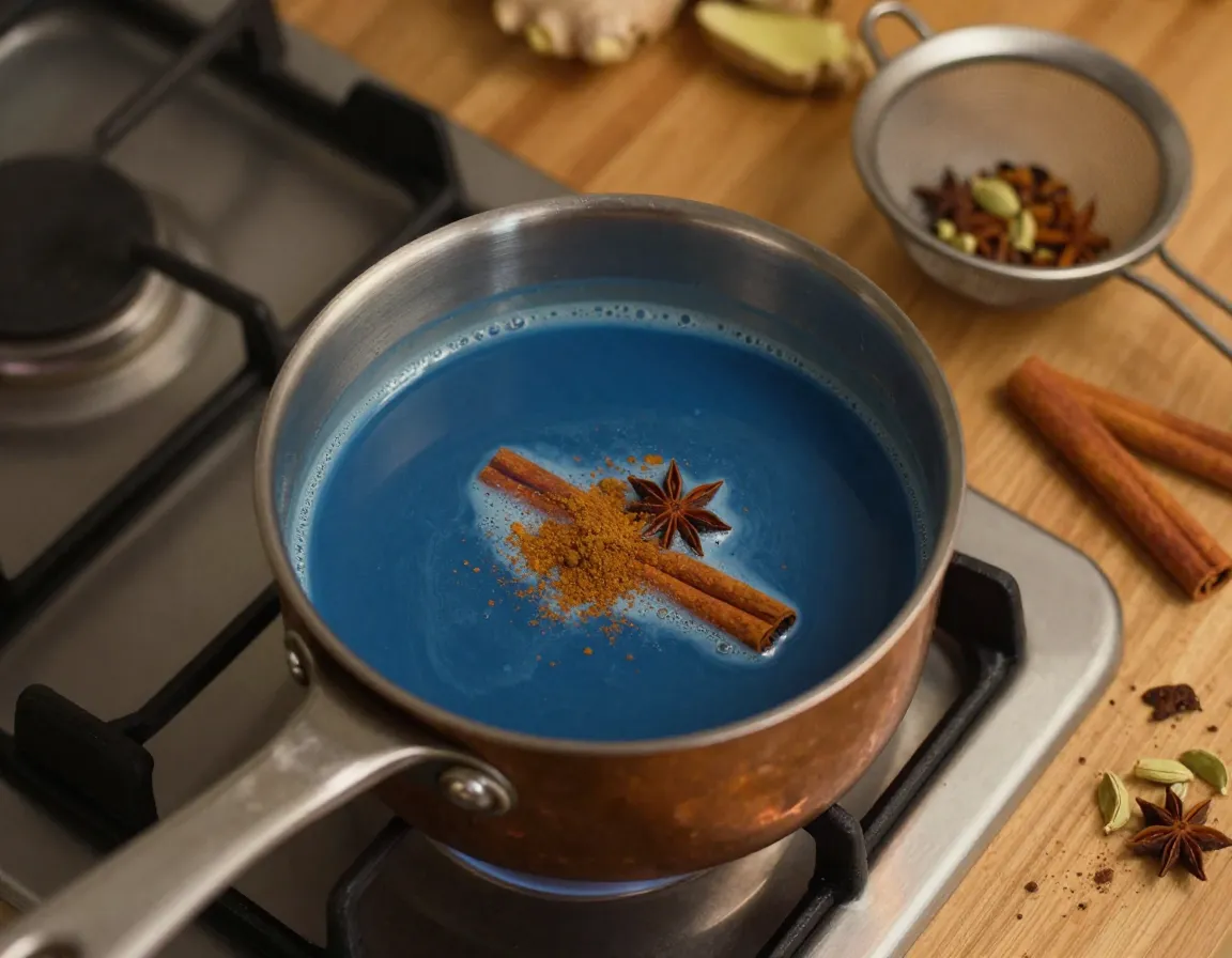 Spiced blue matcha chai in a saucepan with cinnamon sticks