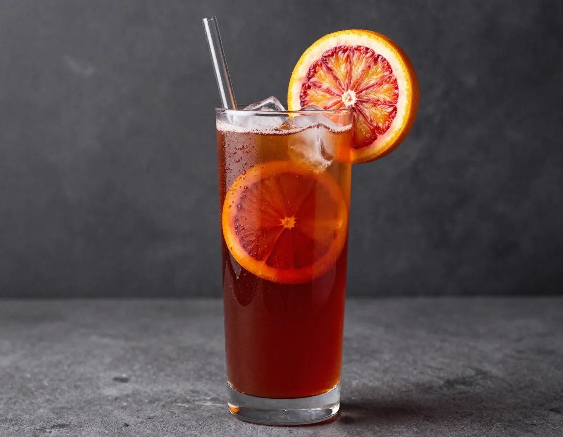 Tall glass of blood orange black tea with citrus wheel garnish